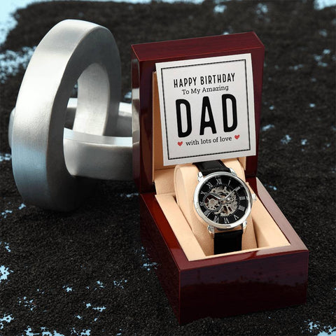 Image of Happy Birthday To My Amazing Dad With Lots Of Love Men's Openwork Watch With Mahogany Box