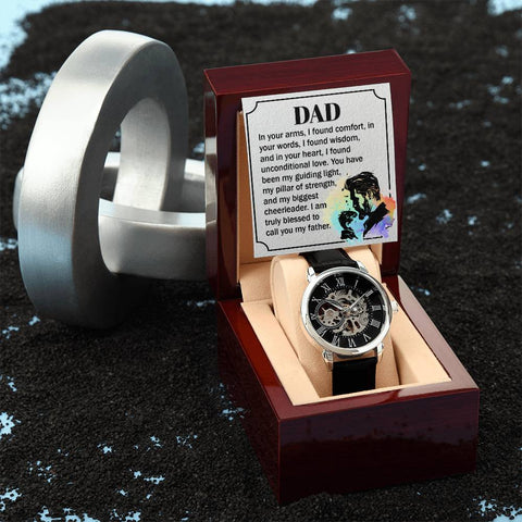 Image of Dear Dad In Your Arms I Found Comfort In Your Words I Found Wisdom Men's Openwork Watch With Mahogany Box