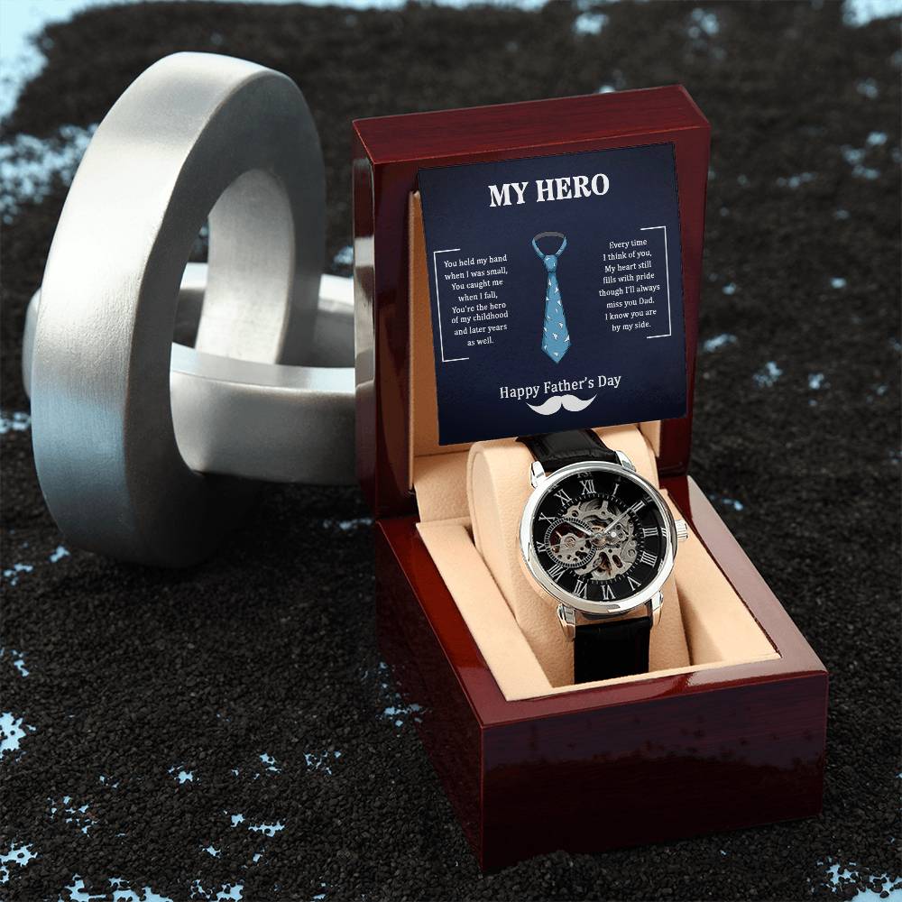 Dad My Hero I Know You Are By My Side Happy Father's Day Men's Openwork Watch With Mahogany Box