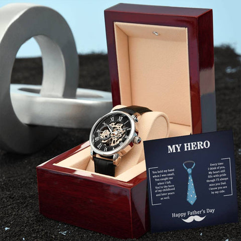 Image of Dad My Hero I Know You Are By My Side Happy Father's Day Men's Openwork Watch With Mahogany Box