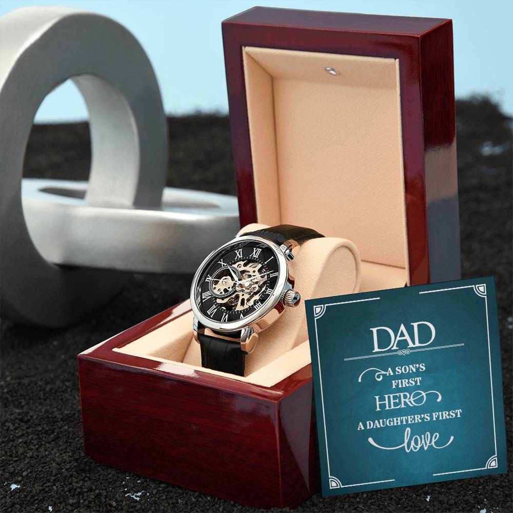 Dad A Son's First Hero A Daughter's First Love Men's Openwork Watch With Mahogany Box