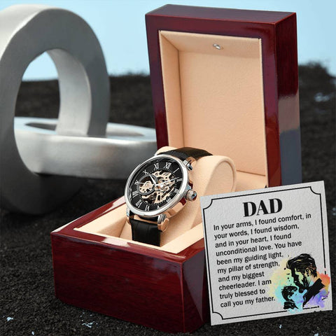 Image of Dear Dad In Your Arms I Found Comfort In Your Words I Found Wisdom Men's Openwork Watch With Mahogany Box