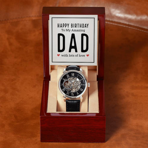 Image of Happy Birthday To My Amazing Dad With Lots Of Love Men's Openwork Watch With Mahogany Box