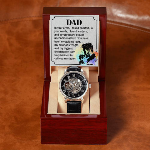 Image of Dear Dad In Your Arms I Found Comfort In Your Words I Found Wisdom Men's Openwork Watch With Mahogany Box