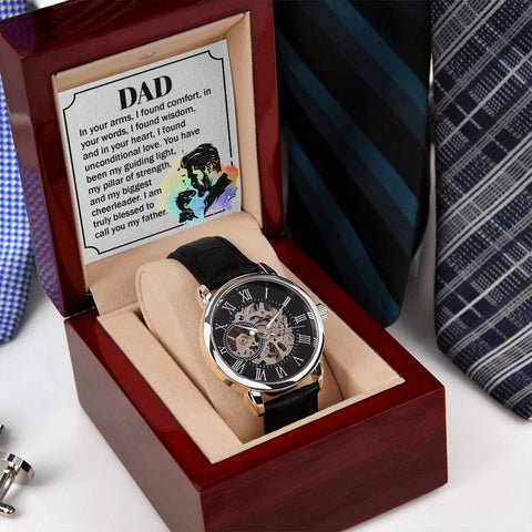 Image of Dear Dad In Your Arms I Found Comfort In Your Words I Found Wisdom Men's Openwork Watch With Mahogany Box