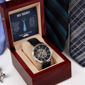 Dad My Hero I Know You Are By My Side Happy Father's Day Men's Openwork Watch With Mahogany Box