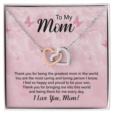 Image of To My Mom Thank You For The Greatest Mom Interlocking Hearts Necklace