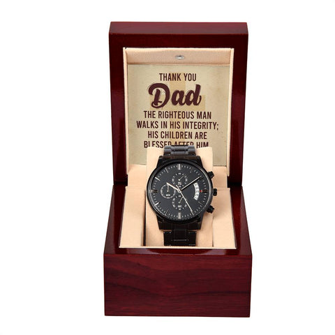 Image of Thank You Dad The Righteous Man Walks In His Integrity Black Chronograph Watch With Mahogany Box