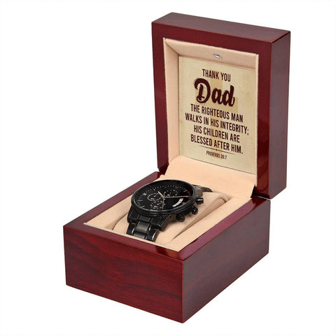 Image of Thank You Dad The Righteous Man Walks In His Integrity Black Chronograph Watch With Mahogany Box