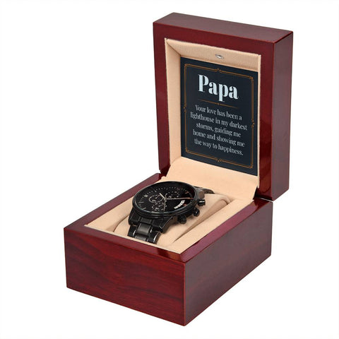 Image of Papa Your Love Has Been A Lighthouse In My Darkest Storms Guiding Me Home Black Chronograph Watch With Mahogany Box