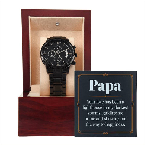 Image of Papa Your Love Has Been A Lighthouse In My Darkest Storms Guiding Me Home Black Chronograph Watch With Mahogany Box