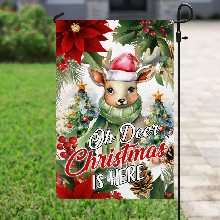 Personalized Christmas Flag, Custom Double Side Oh Deer Christmas Is Here Garden Flag, House Flag, Christmas Gift