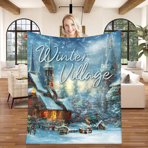 Image of USA Printed Custom Blanket, Winter Village Blanket, Personalized Blanket, Christmas Blanket, Sherpa Blanket, Fleece Blanket, Christmas Gift