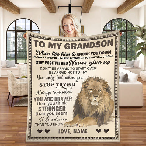 Image of Personalized Lion To My Grandson Blanket, Custom Grandson Blanket, Message Blanket, Birthday Gift Blanket, Gift For Grandson