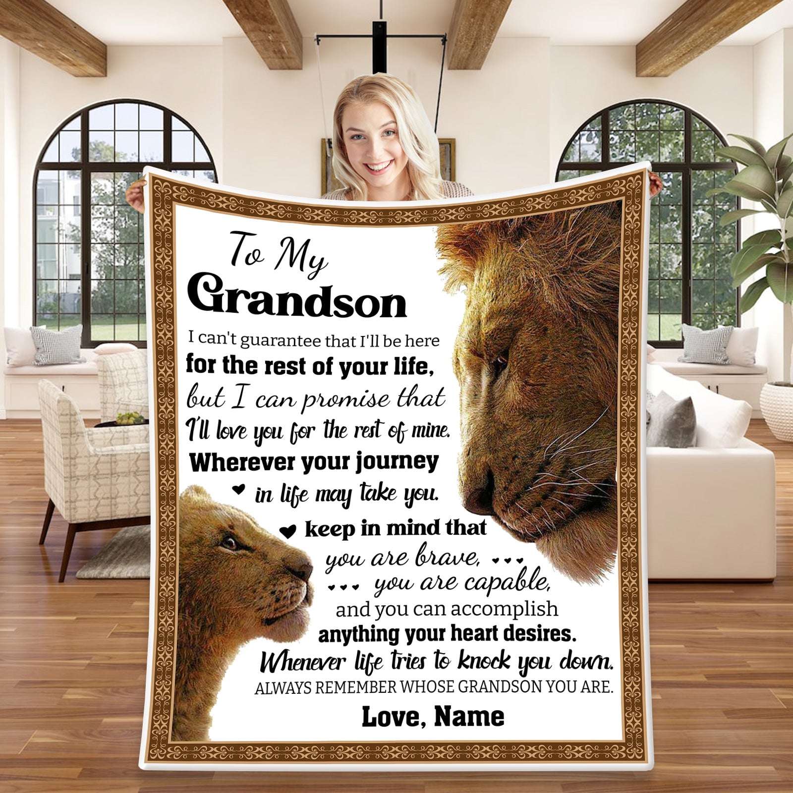 Personalized To My Grandson Blanket, Custom Lion Grandson Blanket, Message Blanket, Birthday Gift Blanket, Gift For Grandson