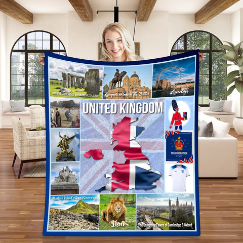 Image of Personalized United Kingdom UK Custom Blanket, Minky Blanket, Fleece Blanket, Sherpa Blanket, Gift for Mom, Dad