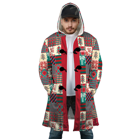 Image of Personalized Hooded Cloak Coat, Santa's Coat Christmas Pattern Patchwork Custom Name Hooded Cloak Coats