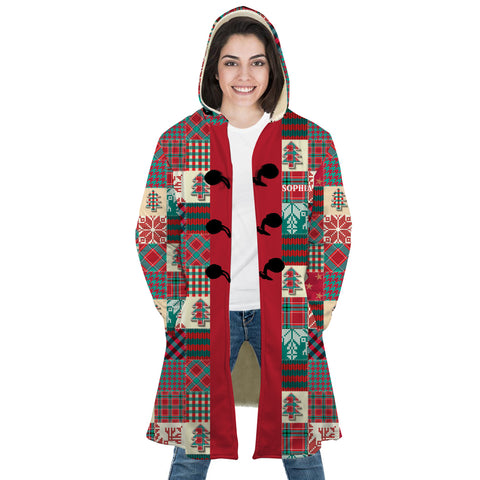 Image of Personalized Hooded Cloak Coat, Santa's Coat Christmas Pattern Patchwork Custom Name Hooded Cloak Coats