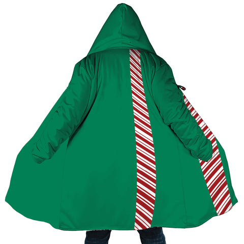 Image of Personalized Hooded Cloak Coat, Green Christmas Candy Cane Stripe Color Block Hooded Cloak Coats