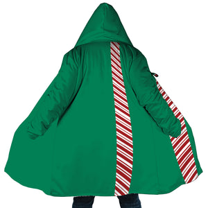 Personalized Hooded Cloak Coat, Green Christmas Candy Cane Stripe Color Block Hooded Cloak Coats