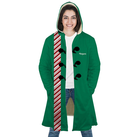 Image of Personalized Hooded Cloak Coat, Green Christmas Candy Cane Stripe Color Block Hooded Cloak Coats