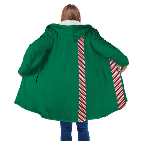 Image of Personalized Hooded Cloak Coat, Green Christmas Candy Cane Stripe Color Block Hooded Cloak Coats