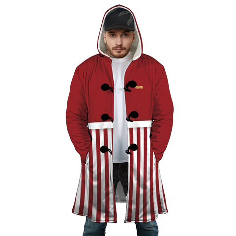 Image of Personalized Hooded Cloak Coat, Red Christmas Striped Color Block Hooded Cloak Coats