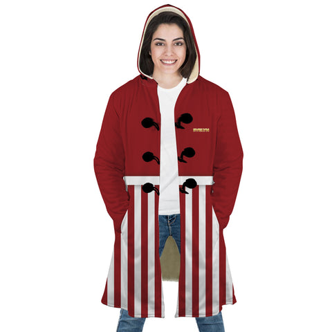 Image of Personalized Hooded Cloak Coat, Red Christmas Striped Color Block Hooded Cloak Coats