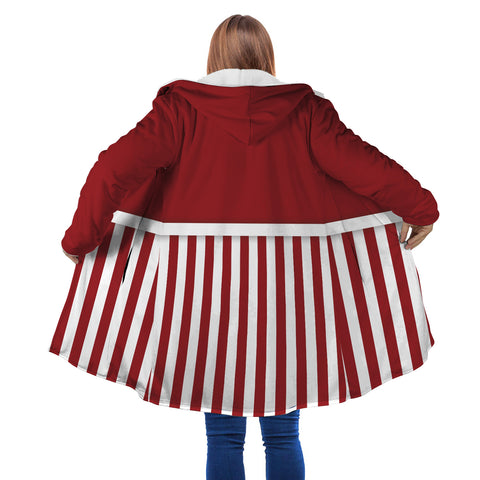 Image of Personalized Hooded Cloak Coat, Red Christmas Striped Color Block Hooded Cloak Coats