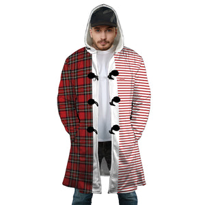 Personalized Hooded Cloak Coat, Red Striped Plaid Christmas Color Block Hooded Cloak Coats