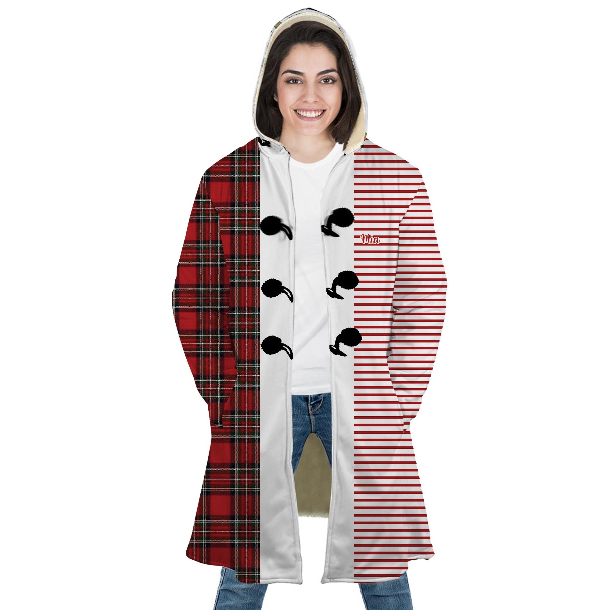 Personalized Hooded Cloak Coat, Red Striped Plaid Christmas Color Block Hooded Cloak Coats