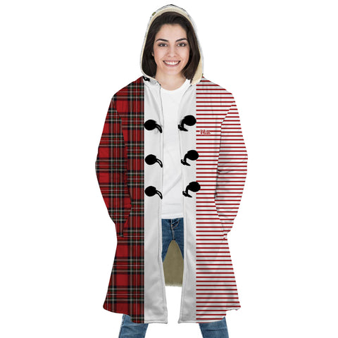 Image of Personalized Hooded Cloak Coat, Red Striped Plaid Christmas Color Block Hooded Cloak Coats