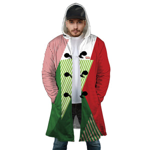 Personalized Hooded Cloak Coat, Red Green Striped Christmas Color Block Hooded Cloak Coats