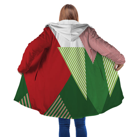 Image of Personalized Hooded Cloak Coat, Red Green Striped Christmas Color Block Hooded Cloak Coats