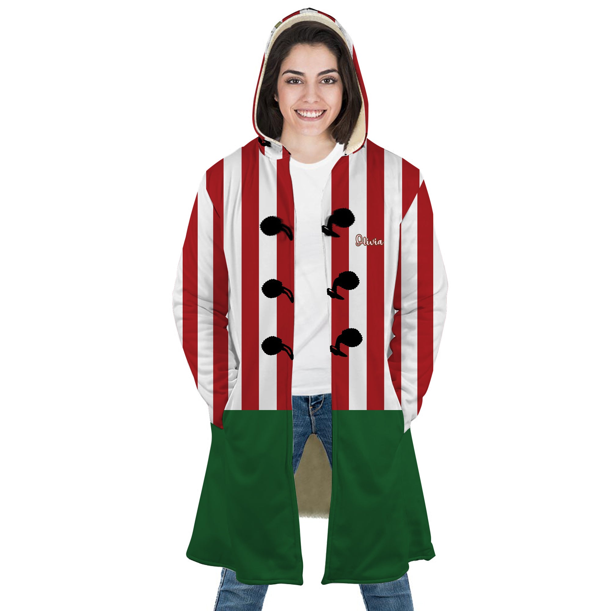 Personalized Hooded Cloak Coat, Christmas Green Red And White Stripes Hooded Cloak Coats