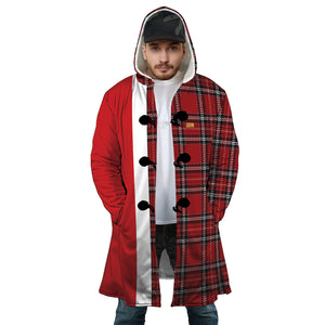 Personalized Hooded Cloak Coat, Red Buffalo Plaid Christmas Color Block Hooded Cloak Coats