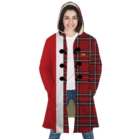 Image of Personalized Hooded Cloak Coat, Red Buffalo Plaid Christmas Color Block Hooded Cloak Coats