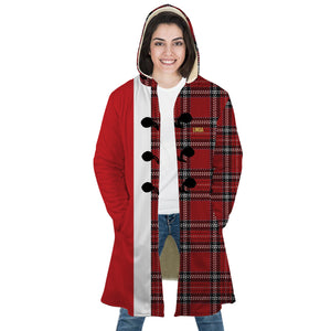 Personalized Hooded Cloak Coat, Red Buffalo Plaid Christmas Color Block Hooded Cloak Coats