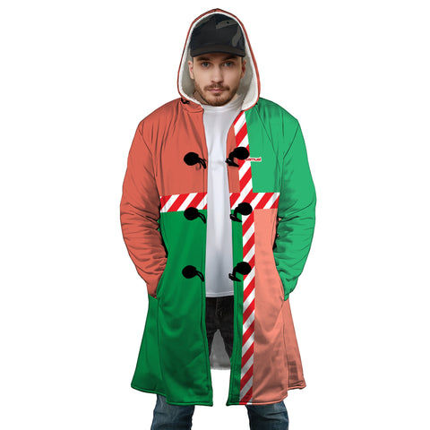 Image of Personalized Hooded Cloak Coat, Christmas Red and Green Candy Cane Color Block Hooded Cloak Coats