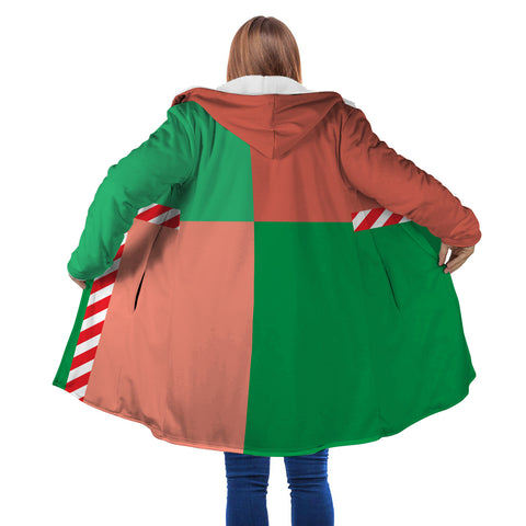 Image of Personalized Hooded Cloak Coat, Christmas Red and Green Candy Cane Color Block Hooded Cloak Coats