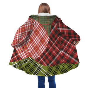 Personalized Hooded Cloak Coat, Red Green Christmas Plaid Color Block Hooded Cloak Coats