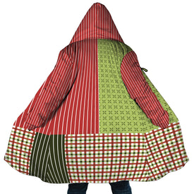 Personalized Hooded Cloak Coat, Red Green Christmas Pattern Color Block Hooded Cloak Coats
