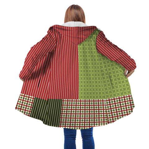 Image of Personalized Hooded Cloak Coat, Red Green Christmas Pattern Color Block Hooded Cloak Coats