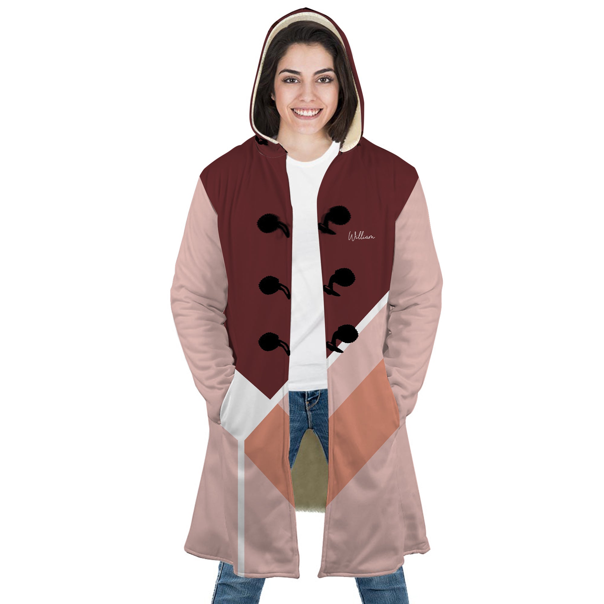 Personalized Hooded Cloak Coat, Christmas Red Geometric Color Block Hooded Cloak Coats