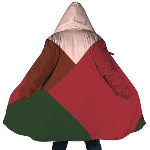 Personalized Hooded Cloak Coat, Red Pink Green Christmas Geometric Color Block Hooded Cloak Coats