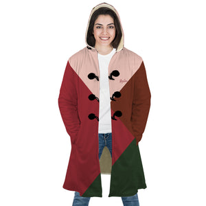 Personalized Hooded Cloak Coat, Red Pink Green Christmas Geometric Color Block Hooded Cloak Coats