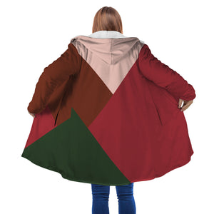 Personalized Hooded Cloak Coat, Red Pink Green Christmas Geometric Color Block Hooded Cloak Coats