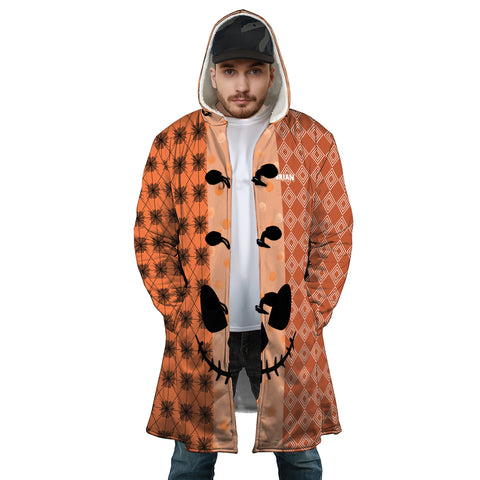 Image of Personalized Hooded Cloak Coat, Happy Halloween Pattern Orange Pumpkin Face Hooded Cloak Coats