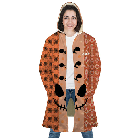 Image of Personalized Hooded Cloak Coat, Happy Halloween Pattern Orange Pumpkin Face Hooded Cloak Coats