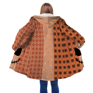 Personalized Hooded Cloak Coat, Happy Halloween Pattern Orange Pumpkin Face Hooded Cloak Coats